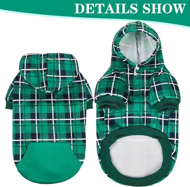 Теплий собачий светр з капюшоном у клітинку, британський стиль, отвір для повідка, одяг для собак Pitbull, зимовий одяг для всіх порід, цуценят, дівчаток та хлопчиків, котів, зелений, розмір Small