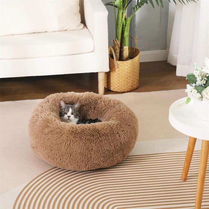М'яке ліжко для собак та котів у вигляді пончика, плюшеве, кругле, 50 см, коричневе