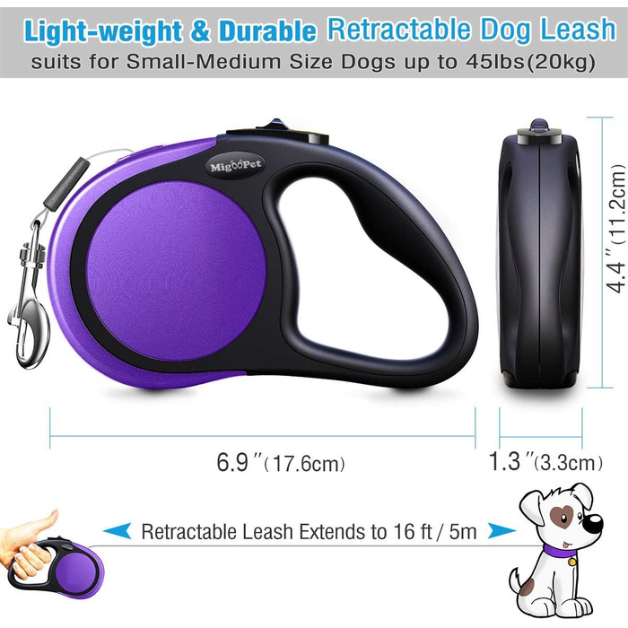 MigooPet Повідок для собак, міцний, автоматичний, 4.6 м, для малих і середніх собак до 45 кг, фіолетовий