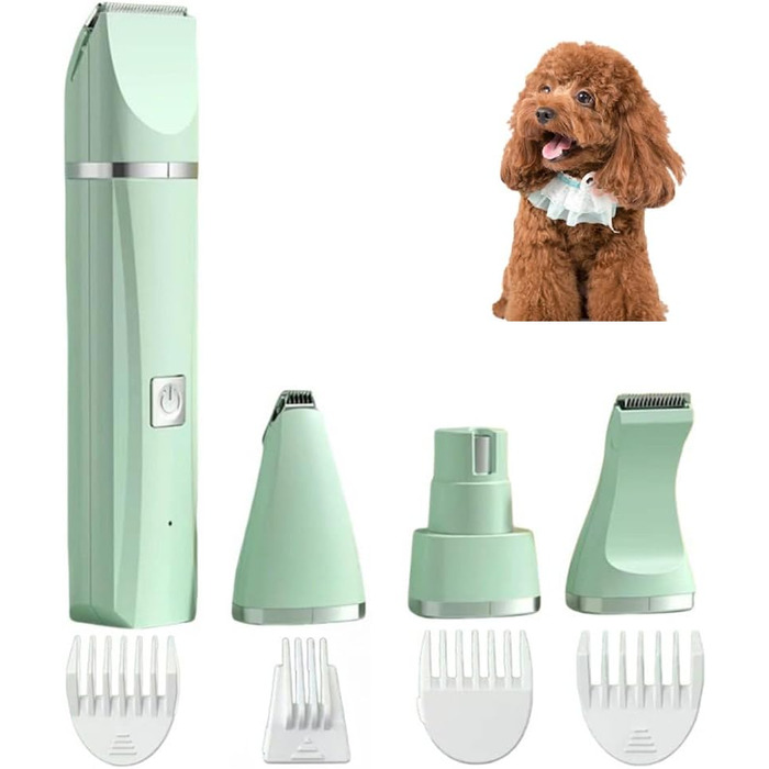 Триммер для грумінгу Tierbedarf Plus 4-в-1: тиха собача машинка, водонепроникна (IPX7), для собак, котів та кроликів. 4 насадки, зелений колір