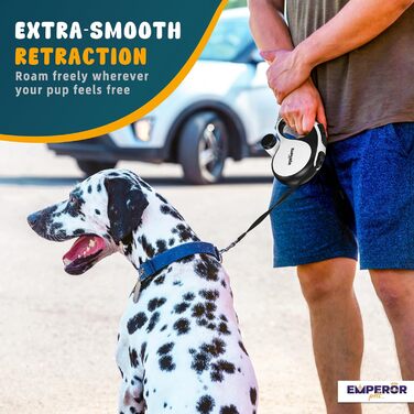 Рулетка для собак Emperor Pets Aura BW26, біла, до 50 кг, міцна, з антиковзною ручкою та світловідбиваючою стрічкою, для середніх і великих порід