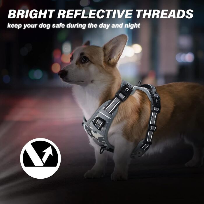 Нагрудник для собак No-Pull, антинатягний, для маленьких, середніх та великих собак - м'який, дихаючий, регульований, світловідбиваючий, з м'яким ручним захопленням (L, Camo Grey)