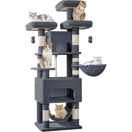 Кігтеточка для котів Hzuaneri 176 см, XL, 3 платформи, 2 печери, 7 стовпчиків, гамак, плюшеві кульки, для багатокотових сімей, темно-сірий MS17618SG