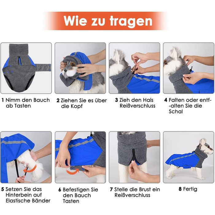 Зимова куртка для собак SlowTon з флісу, тепла та водонепроникна, з капюшоном-шарфом та світловідбиваючими смугами, регульована, для цуценят та собак (Синій, M)