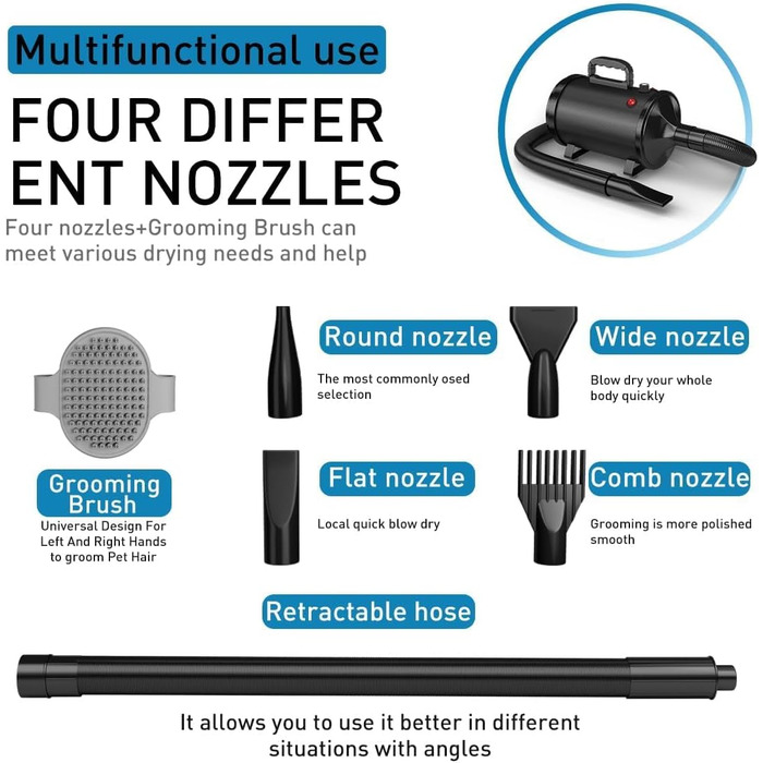 Фен для собак Blower - тихий, 4.5 PS / 3200W, регульована швидкість, 4 насадки, шланг, щітка (чорний)