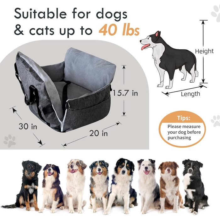 Автокрісло для собак - Автомобільне крісло для маленьких та середніх собак до 18 кг з ременем безпеки та кишенями для зберігання, антиковзаюча підставка (Смужка в морському стилі) (Сірий, 76.2 x 52 см)