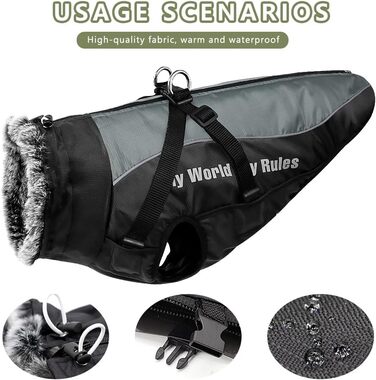 Водонепроникна зимова куртка для собак з шлейкою, великий розмір 6XL, чорний колір