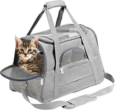 Транспортна сумка для тварин, сіра, 44x25x28 см, з плюшевою подушкою, переноска для кота/собаки, портативна, на блискавці