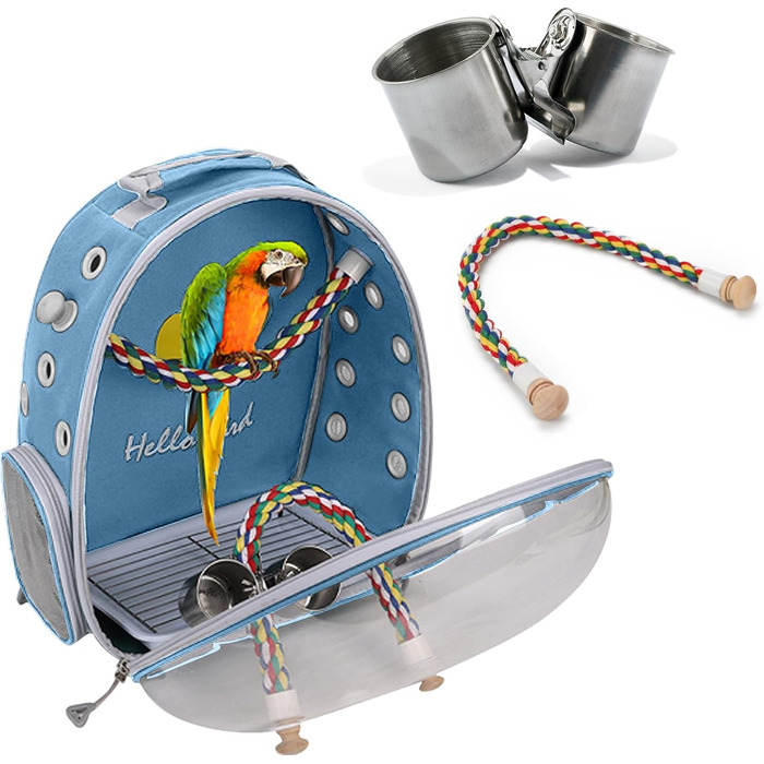 PETCUTE Рюкзак для птахів з дерев'яною жердкою, блакитний. Транспортна сумка для перевезення папуг з нержавіючою підставкою та жердкою.