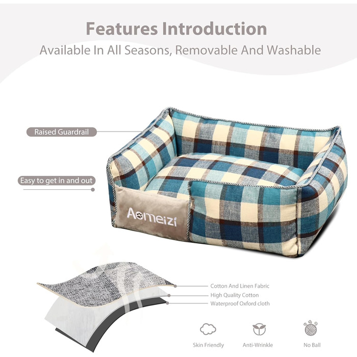 Ортопедичне ліжко для собак PETCUTE, велике, середнє, блакитне, знімний чохол, антиковзаюче дно, м'яке диван-ліжко для собак