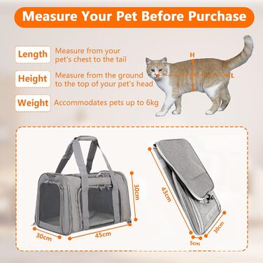 Транспортна сумка для кота/собаки з плечовим ременем, переноска для тварин до 7 кг, складна, дихаюча, сіра (45x30x30 см)