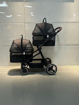 Складаний двоярусний візок для собак та котів до 22 кг, з сітчастими віконцями, тримачем для напоїв та місцем для зберігання. Ідеально для двох маленьких собак або котів. Легкий та зручний двошаровий візок.