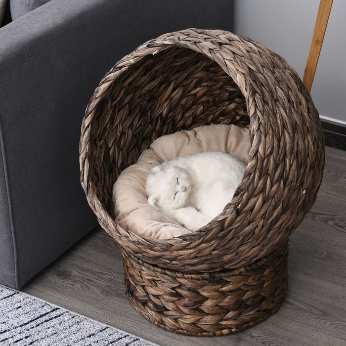 PawHut Rattan Cat Basket затишна котяча печера з водяного гіацинта темно-коричневого кольору 50x42x60см ідеально підходить для вітальні