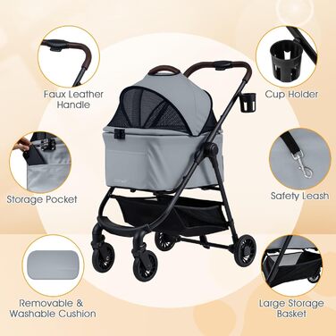 Візок для собак FANTASK 3 в 1: переноска, візок, сумка для тварин до 5 кг з регульованим дахом та підстаканником, складаний, для собак, котів, домашніх тварин (Сірий)