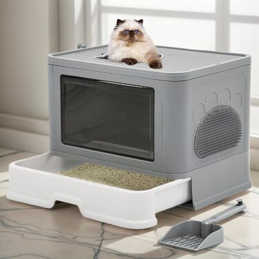 Великий туалет для котів YITAHOME з кришкою, без запаху, Hop In, з совком для наповнювача, сірий