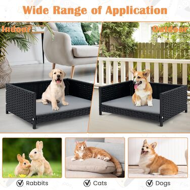 Собаче ліжко SOARS з ротангу, кошик для собак з подушкою, знімний та пральний чохол, підняте собаче ліжко для маленьких та середніх собак, диван для собак для дому та на вулицю, 62 x 46 x 25 см