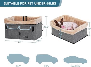 Автокрісло для собак Petsfit на заднє сидіння, для середніх або двох малих собак, з мийним матом, 2 ременями безпеки та кишенею, розмір M, сіре