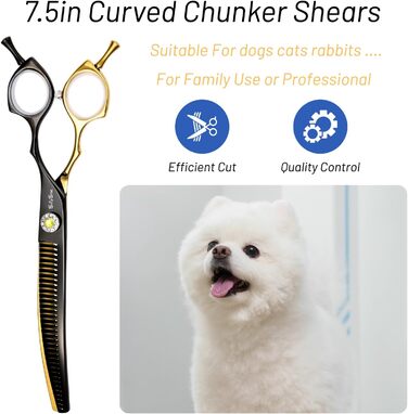 Професійна вигнута ножиці для грумінгу домашніх тварин 7.5 дюймів (25 градусів), 35 зубів, розрідження 65%, Gold High-End