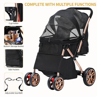 Візок для собак DWVO 3-в-1: візок, переноска, сумка. До 22 кг, EVA-колеса, сітчасті вікна, чорний (58,5x76x105 см)