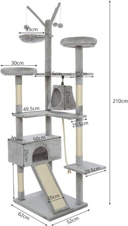 Дряпак для великих котів Meerveil XXL 210 см, стійкий, з розширеною і посиленою основою, високоякісний сизаль, 2 будиночки, світло-сірий