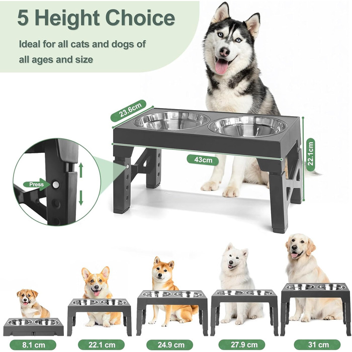 Підвищена годівниця для собак з регулюванням висоти (8-31 см), 2 миски з нержавіючої сталі та 1 миска для повільного годування, антиковзаюча, BPA-free пластик (сіра)