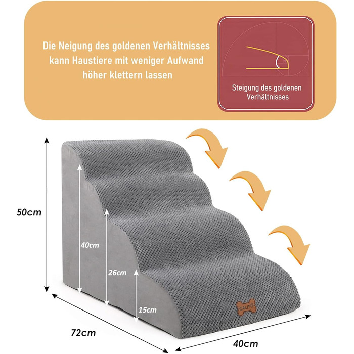 Сходинки для собак Caliyo, 3/4 сходинок, для маленьких собак, з високощільним губчастим матеріалом, знімний чохол та антиковзаюче покриття (60 x 40 x 40 см, сірий)