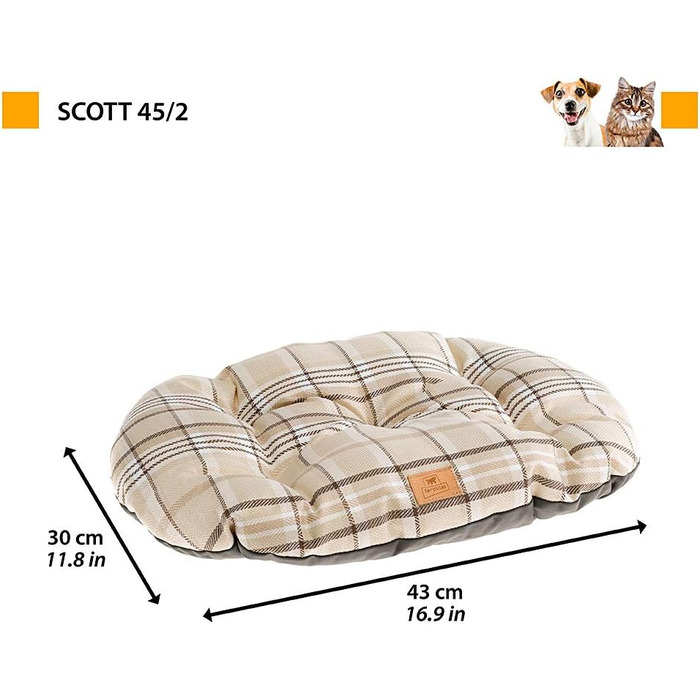 Подушка для собак та котів Ferplast SCOTT 45/2, двостороння, шотландський принт, м'який велюр, коричнева, 43 x 5 x 30 см
