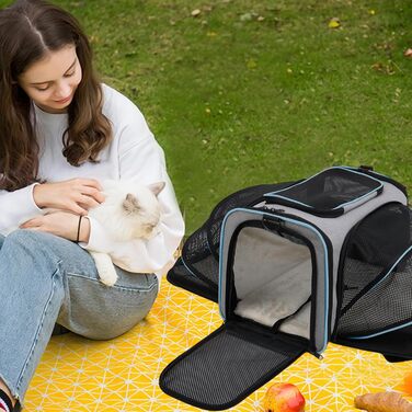 Транспортна сумка для котів та собак PETCUTE, складана переноска для собак з виймальною підстилкою, страхувальний поводок, дихаюча переноска для тварин у авто для подорожей (сірий+блакитний)