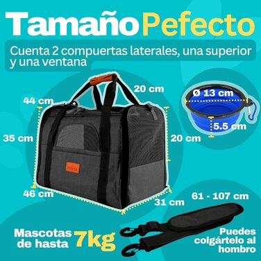 Транспортна переноска для собак та котів PEPPER, 46x35x31 см, з поїльником, подушкою та мискою для води | Переноска для тварин з вентиляцією 360° | Чорна переноска для кота та собаки