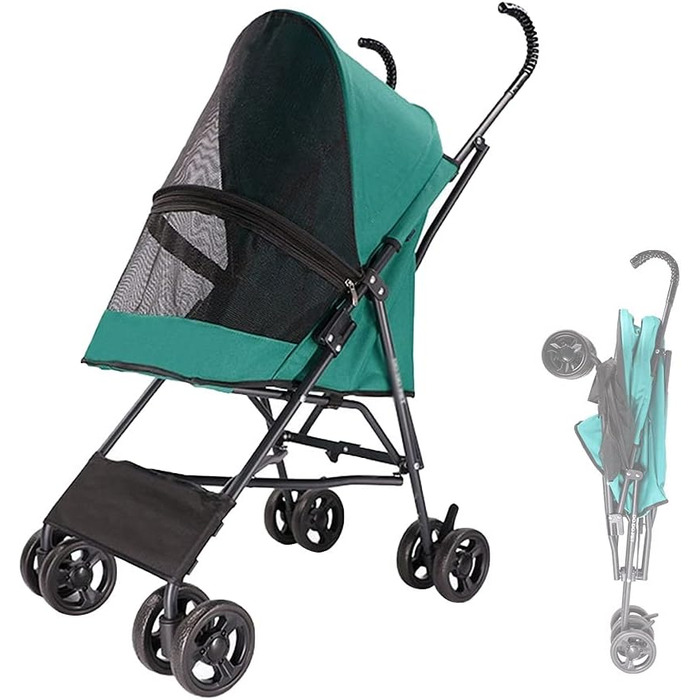 Легкий візок для собак та котів до 10 кг, чорний/зелений, з регульованим дашком