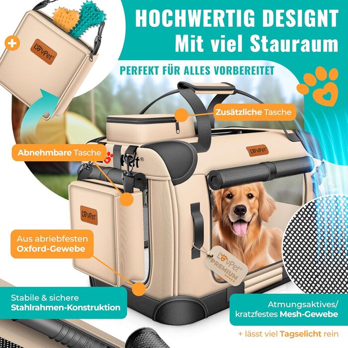 LOVPET® Транспортна переноска для собак та котів, 60x42x44 см | Складана переноска для тварин з мискою та плечовим ремінцем | для котів та собак, Бежевий M