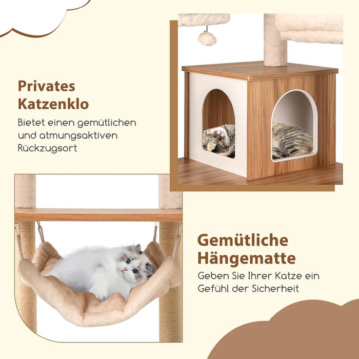 Кігтеточка для котів COSTWAY 168 см, дерев'яна, багатоярусна з будиночком, драбиною, лежаками та іграшками, бежево-коричнева