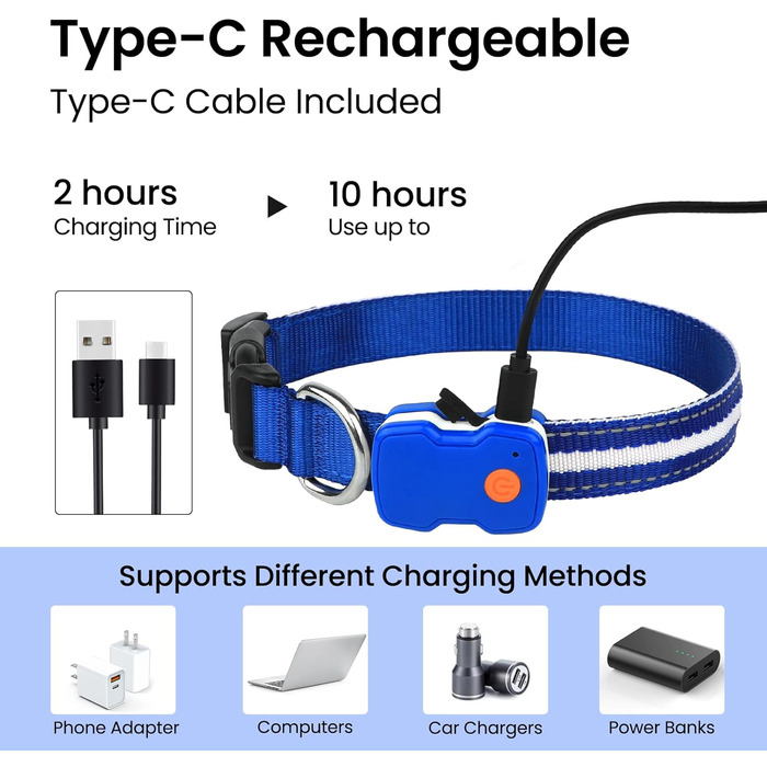 Світлодіодна нашийник для собак ASBRILL з підзарядкою, 7 кольорів RGB, 8 світлодіодів, регульований, вологостійкий, для маленьких, середніх та великих собак (S, блакитний)