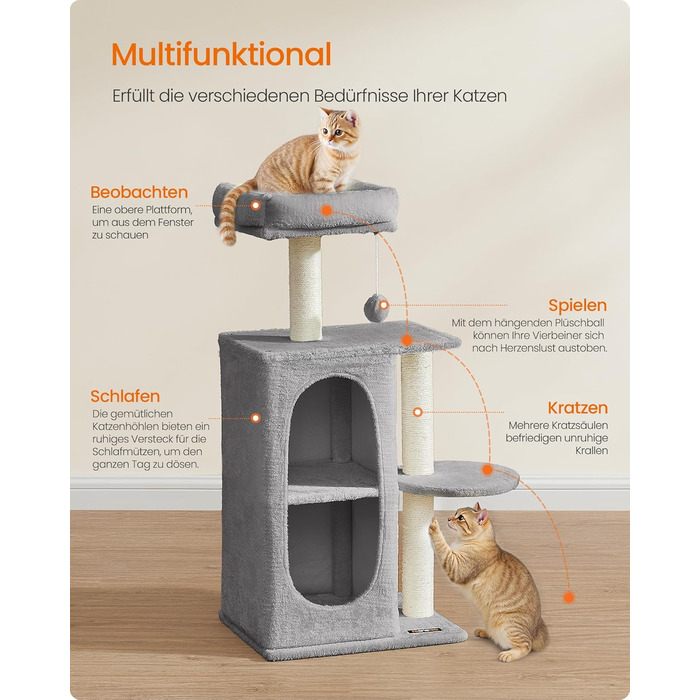 Дряпка для котів Feandrea, кігтеточка з 2 будиночками, кігтешліфувальні стовпчики, для багатокотових родин, кошенят, світло-сіра PCT005G01