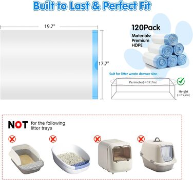 Підкладки для котячого туалету самоочищення, сумісні з MeoWant MW-SC01, MW-SC02, з шнурком, міцні контейнери для сміття, 45 x 50 см, 120 шт.