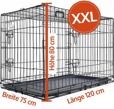 Складана переносна собача будка Zooprinz з міцної сталі – клітка для собак з 2 дверцятами, піддон, ручка для транспортування, 4 розміри (122 x 74,5 x 80,5 см)