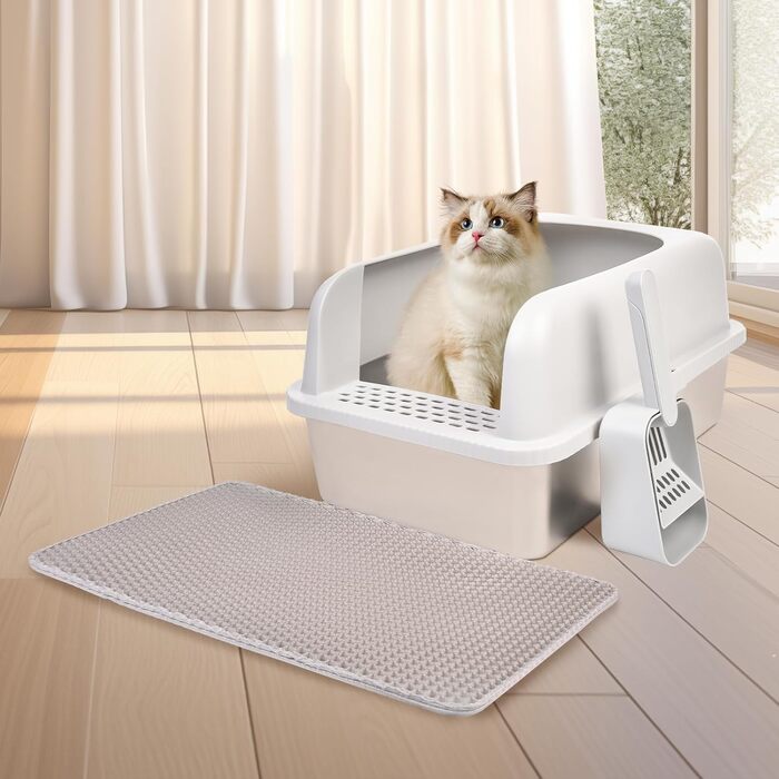 Котячий туалет з нержавіючої сталі з кришкою, 61×40,6×30 см, великий, з високими бортами, антипідтікання, легке очищення