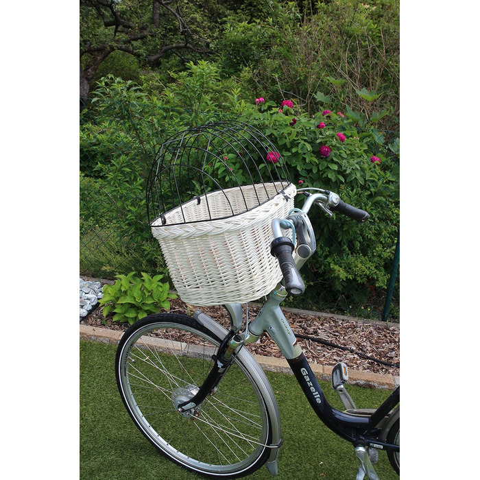 Корзина для собак на велосипедний кермо з ротангу з металевою сіткою та подушкою, білий ротанговий кошик для собак (з подушкою)