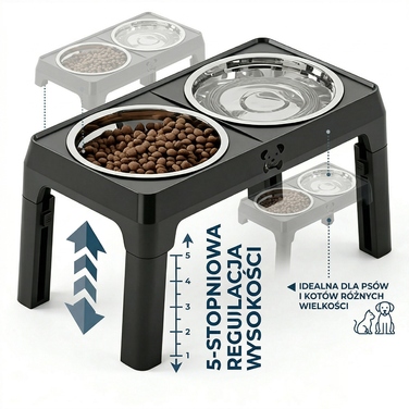 Подвійна регульована миска для великих собак на підставці, металева, 2x1л