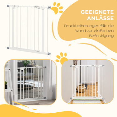 PawHut Door Gate Gate, Шлагбаум, 74-80 см, Сходові ворота для домашньої тварини, Ворота для собаки, Захисні ворота без свердління, Метал, Пластик, Білий | Аосом