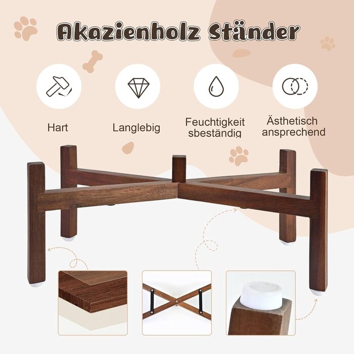 Миска для собак SpunkyJunky з кераміки, подвійна, піднята на підставці з акації, 1250 мл, біла