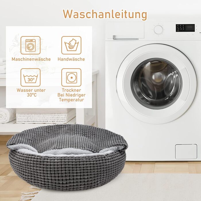 Кругле ліжко для собак та котів середніх розмірів JOEJOY, м'яке, з подушкою, 66x66x15 см, сіре