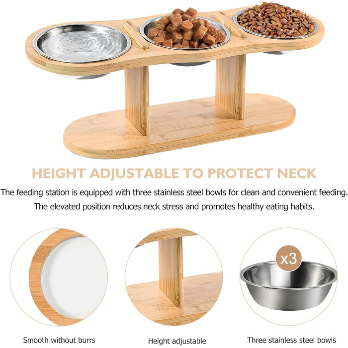 Підвищена годівниця для котів LEKEFETO з 3 мисками з нержавіючої сталі, регульована висота, дерев'яний підставник, годівниця та миска для води для котів та маленьких собак