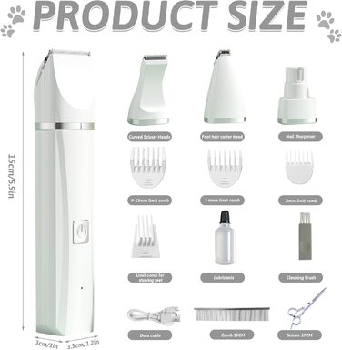 Машина для стрижки собак та котів 4 в 1 з 4 насадками: стрижка, триммінг, шліфування кігтів, видалення посічених кінчиків. Водонепроникна, для догляду за лапами, обличчям, тілом. Зелений/Білий колір