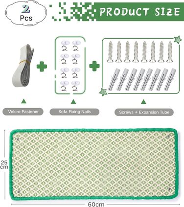 Килимок для дряпання котів JanYoo, сизаль, 60x25 см, 2 шт, зелений. Захист для підлоги, стін, меблів