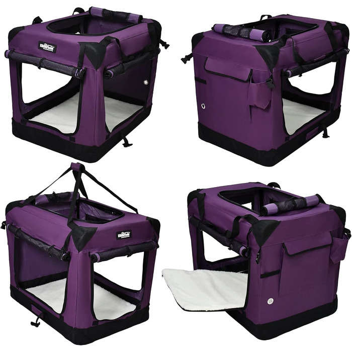 EliteField Транспортна переноска для собак, сумка-переноска, переноска з 4 дверима, складна, м'яка, з фіранками, сумка-переноска та лежанка з флісу, для дому та вулиці, 76,2 x 53,3 x 61 см, фіолетовий + 4 фіранки 30.0' x 21.0' x 24.0'