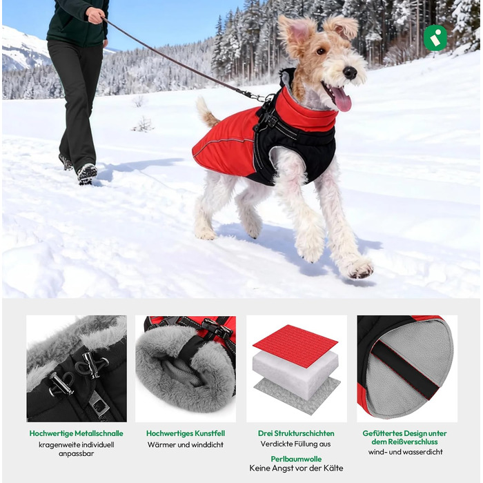 Водонепроникний зимовий одяг для собак великих порід, з кріпленням для повідка, флісова підкладка, світловідбиваючі елементи (XXL), червоний