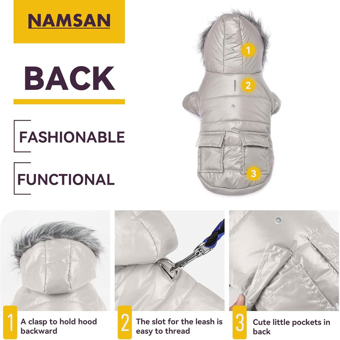 Водонепроникний зимовий одяг для собак Namsan Pet - теплий пуховик з капюшоном, сірий, розмір S (Bust: 9.8-11.8'')