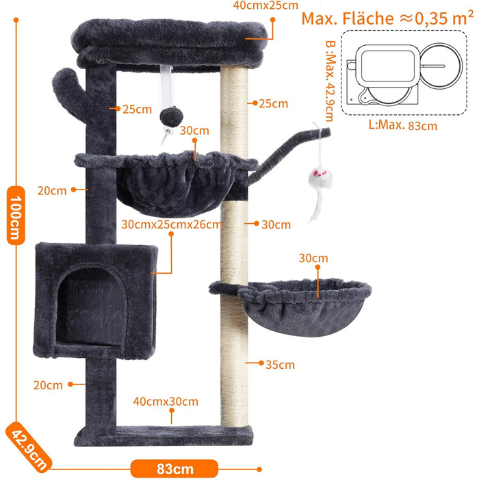 Котячий будиночок Heybly HCT006SW: високий кігтетопор 100 см з платформою, гамаком та іграшками