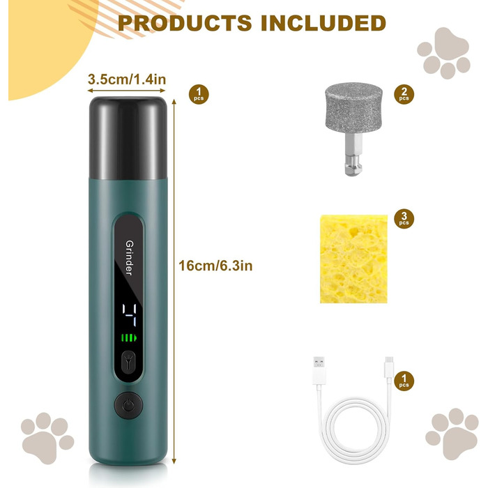 Електричний точилка для кігтів собак VINATO з LED-підсвіткою, 5 швидкостей, тиха та перезаряджувана. Підходить для собак маленьких, середніх та великих порід